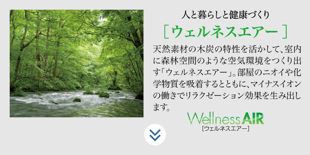 人と暮らしと健康づくり【ウェルネスエアー】天然素材の木炭の特性を活かして、室内に森林空間のような空気環境を作り出す「ウェルネスエアー」。部屋の匂いや化学物質を吸着するとともに、マイナスイオンの働きでリラクゼーション効果を生み出します。