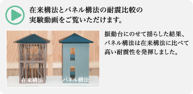 震動台にのせて揺らした結果、パネル構法は在来構法に比べて高い耐震性を発揮しました。　在来工法とパネル構法の耐震比較の実験動画をご覧いただけます。