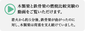 着火から約5分後、鉄骨梁が曲がったのに対し、木製梁は荷重を支え続けていました。　木製梁と鉄骨梁の燃焼比較実験の動画をご覧いただけます。